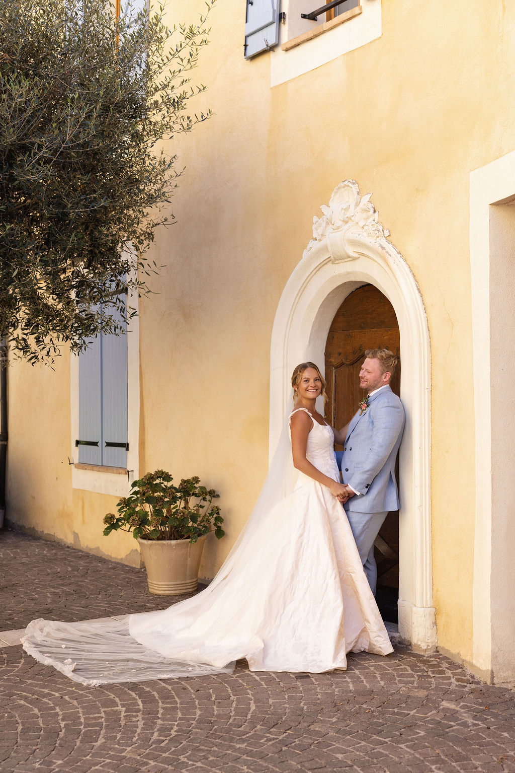 Newly married couple outside a chapel in Provence
